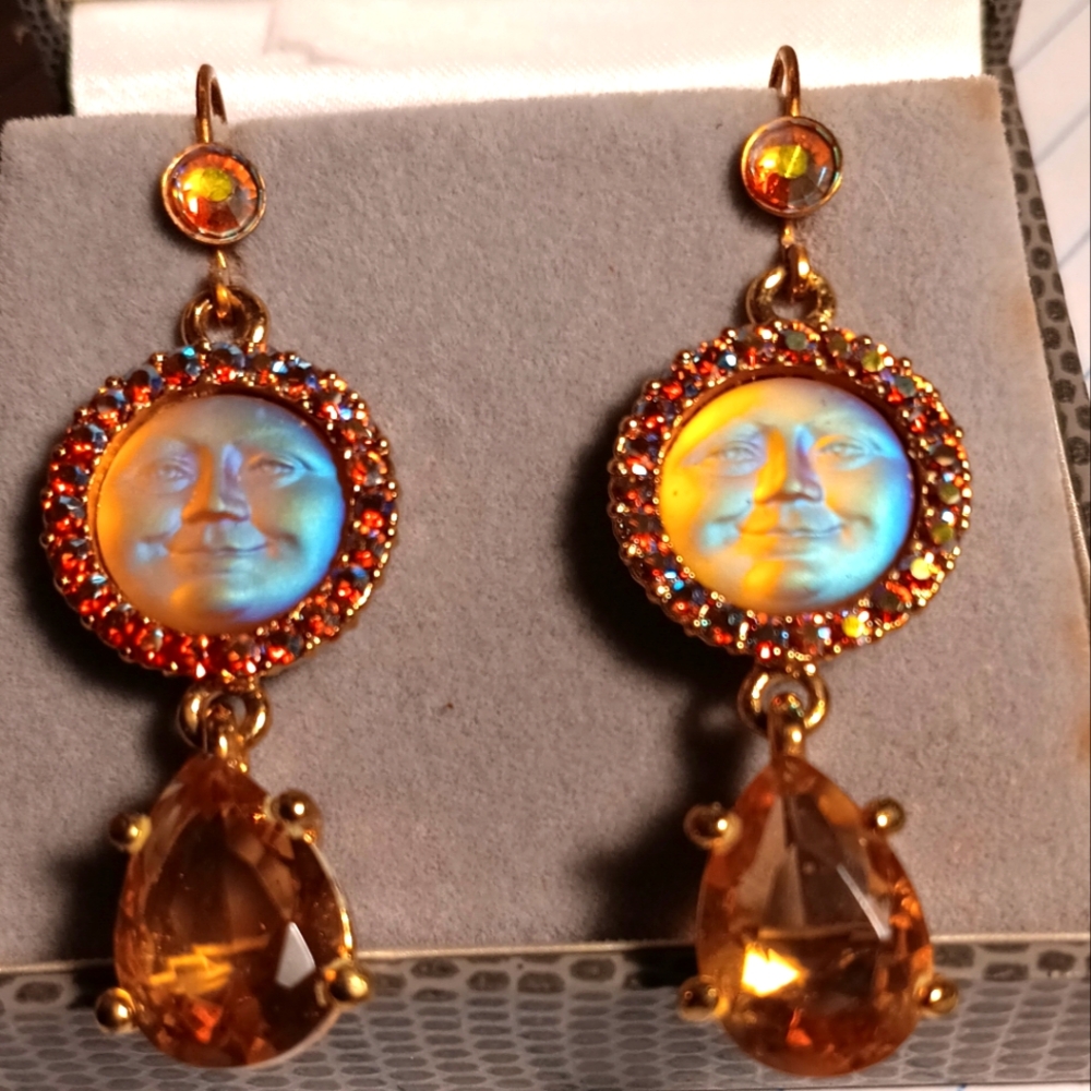 Elegant Gold and Orange Moon Face Earrings